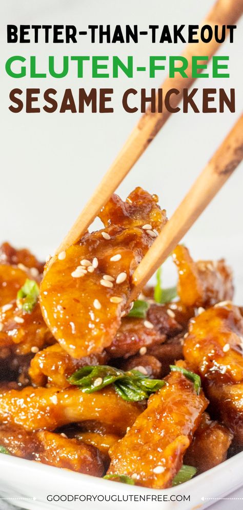 This restaurant-quality gluten-free sesame chicken recipe is made with battered crispy bits of chicken coated with a sticky sesame sauce. It tastes just like Chinese take-out except without the gluten. Perfect for any person with celiac disease or gluten intolerance who craves Chinese and Asian food. Honey Sesame Sauce, Gluten Free Chinese Food, Crispy Sesame Chicken, Crispy Breaded Chicken, Joyous Apron, Gluten Free Asian Recipes, Chicken Asian, Gluten Free Chinese, Chinese Dinner