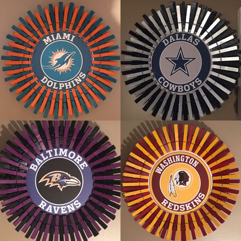 Nfl Crafts To Sell, Football Clothespin Wreath, Nfl Clothespin Wreath, Nfl Crafts, Nfl Wreaths, Steelers Crafts, Sports Wreath, Close Pin, Clothespin Diy Crafts