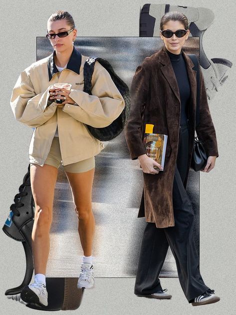 Celebrity Sneakers 2023, Celebrity Sneakers Street Style, New Balance Celebrities, Hailey Bieber Sneakers, Hailey Bieber Shoes, Dad Sneaker Outfits Women, Hailey Bieber 2024, Dressing Up Sneakers, Gola Sneakers Outfit