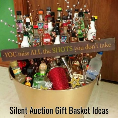 Silent auction gift basket ideas and raffle basket ideas for fundraisers and schools fundraising evens. Unique and creative silent auction gift basket ideas Silent Auction Gift Basket Ideas, Raffle Gift Basket Ideas, Alcohol Gift Baskets, Silent Auction Basket, Liquor Gift Baskets, Basket Raffle, Tricky Tray, Auction Gift Basket Ideas, Chinese Auction