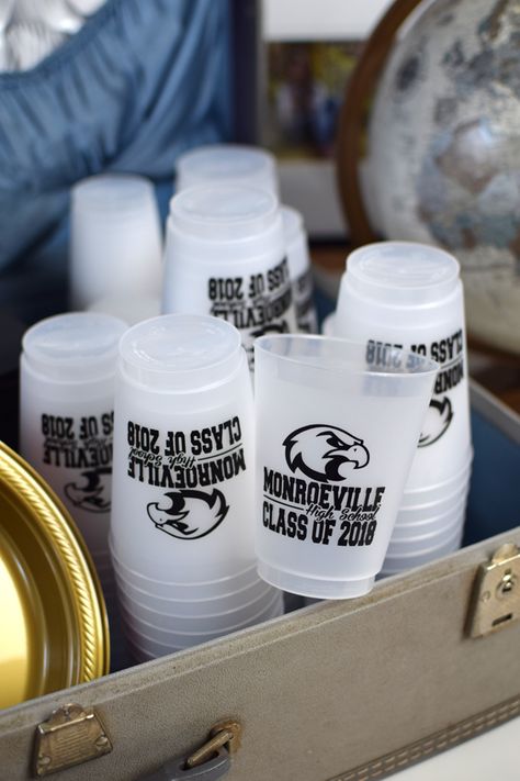 Reusable frosted cups personalized with the graduate's school mascot design, name and 'Class Of' year or graduation date make useful graduation party decorations and double as souvenirs guests can take home to use again and again. Use them at your graduation drink station for guests to help themselves. These graduation cups can be ordered at http://www.tippytoad.com/16-oz-frosted-plastic-school-mascot-cups.asp Graduation Cups, High School Class Reunion, Grad Party Favors, Class Reunion Decorations, Reunion Decorations, Graduation Open Houses, Graduation Party High, High School Reunion, Graduation Party Favors