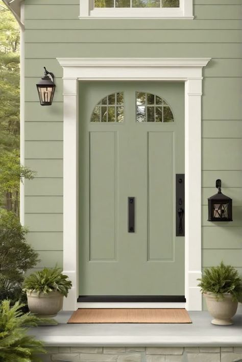 Get your home exterior looking elegant with Benjamin Moore Sage Green paint in 2024! Don't miss out on this deal, shop now! #ad #homedecor #homedesign #fixhome #Painthome Sage Green Outdoor House Paint, Sage Green Exterior Door, Sage Green Exterior Paint, Benjamin Moore Sage Green, Sage Green Exterior House Colors, Sage Green Exterior, Light Green House, Outdoor House Paint, Green Exterior Paints