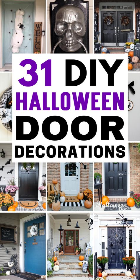 Elevate your entryway's eerie charm with our collection of spooky Halloween door decorations. From creepy Halloween wreaths and garlands to ghostly door displays and Halloween banners, transform your Halloween front porch decor into a haunting masterpiece. Our pumpkin door hangers and skeleton door props will charm your guests and send a shiver down their spine. Get ready to greet trick-or-treaters with our thrilling DIY Halloween Decorations that promise a hauntingly good time. Halloween Front Door Ideas, Spooky Halloween Door Decorations, Diy Halloween Door Decorations, Halloween Diy Door, Halloween Banners, Halloween Front Door Decorations, Fun Halloween Treats, Halloween Front Doors, Witch Signs