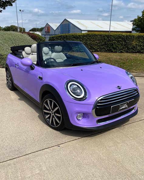 #minicooper #convertible #bmw #dreamcar Wrapped Mini Cooper, Pink Mini Cooper Convertible, Purple Mini Cooper, Convertable Cars Aesthetic, Small Cars For Women, Purple Convertible Car, Mini Cooper Aesthetic, Cute Small Cars, Convertible Mini Cooper