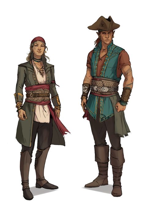 Artwork by Sabrina Salazar #characterart #pirate #elves Pirate Crew Fantasy Art, Pirate Bandana Aesthetic, Pirate Sketch Character Design, Pirate Art Reference, Pirate Illustration Concept Art, Dnd Pirate Crew, Fantasy Sailor Outfit, Pirate Crew Character Design, Pirate Outfits Drawing