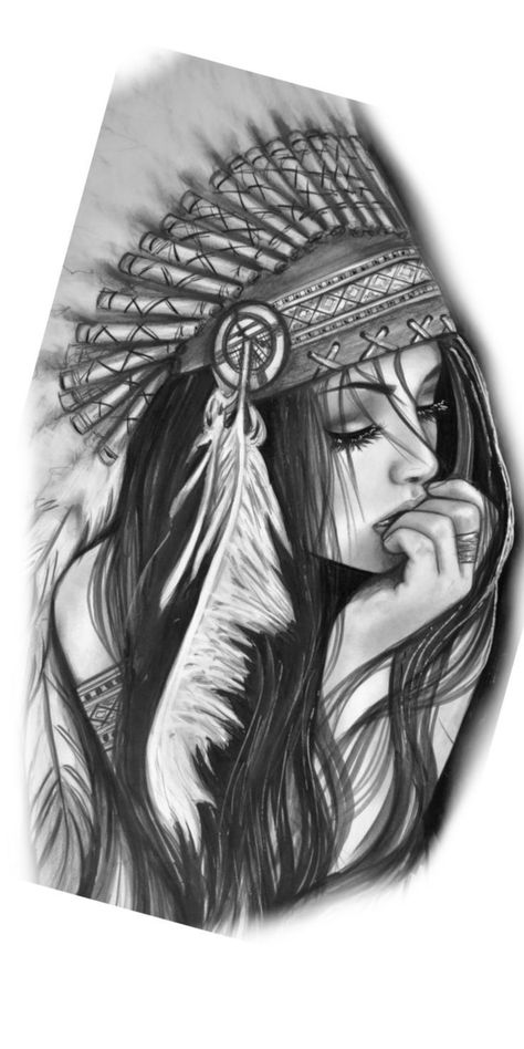 Women Indian Tattoo, Indian Princess Tattoo Native Americans, Indian Tattoo Design Women, Indian Woman Tattoo Design, Native Girl Tattoo, Indian Tattoos For Women, Tattoo Indien, Indian Headdress Tattoo, Indian Women Tattoo