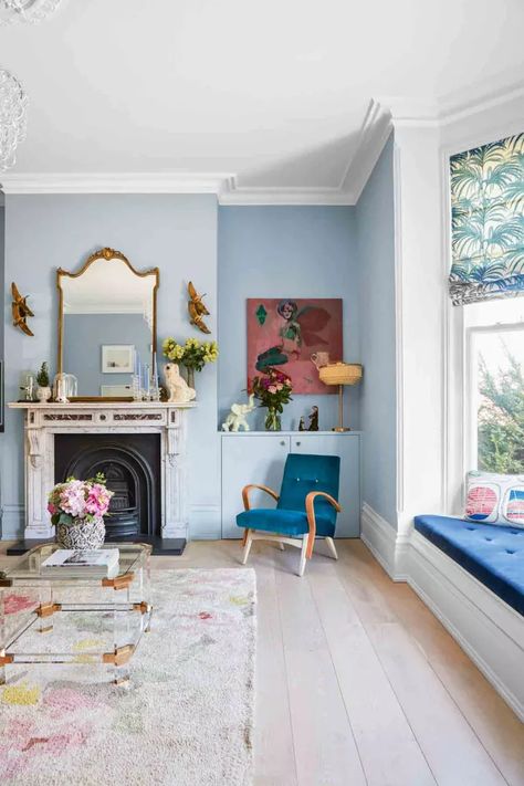 Explore a pastel-coloured Victorian terraced house in Kent | Livingetc Light Blue Living Room, Blue Walls Living Room, Pastel Living Room, Victorian Living Room, Light Blue Walls, Bedroom Trends, Colourful Living Room, Blue Living Room, Blue Rooms