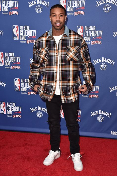 Michael B Jordan Off White Shirt Outfit, Men Jordans, Celebrity Game, Flannel Outfits Men, Michael Bakari Jordan, Oversized Shirt Outfit, Plaid Shirt Outfits, Old Celebrities, Black Men Fashion Urban