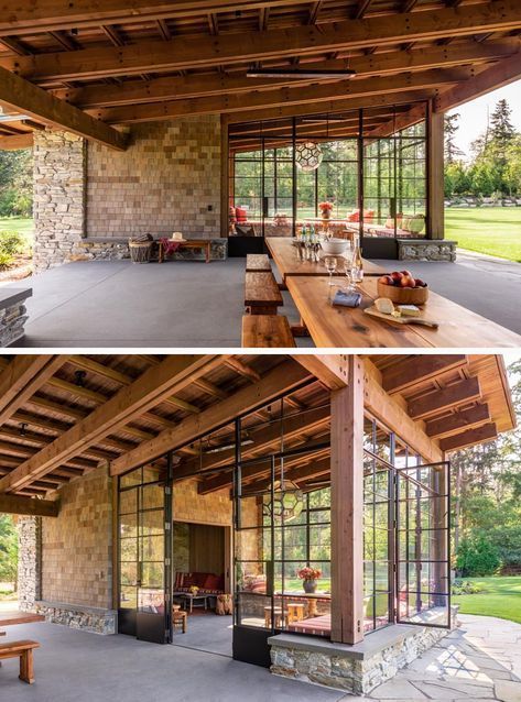 This large garden pavilion features a single-plane shed roof, and has an covered outdoor patio that's flanked by two, offset and enclosed spaces. #GardenPavilion #Architecture #GardenRoom Log Seating, Garden Rooms Outdoor, Pavilion House, Shed Roof Design, Conservation Corps, Garden Pavilion, Home Architecture, Large Garden, Gathering Place