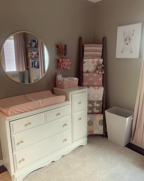 Nursery blanket ladder and changing table Displaying Blankets In Nursery, Blanket Ladder In Nursery, Blanket Ladder For Nursery, Changing Table In Front Of Window, Nursery Blanket Ladder, Nursery Blanket Storage, Baby Girl Changing Table, Nursery Changing Table Decor, Blanket Ladder Nursery