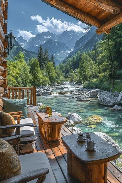 Mountain Cabins, River Cabin, Getaway Cabins, Cozy Cafe, Cabin Life, Mountain Cabin, Outdoor Deck, Miniature House, Alam Yang Indah