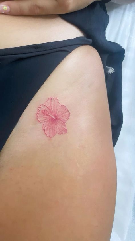 Puerto Rican Flower Tattoo Hibiscus, Hibiscus Color Tattoo, Colorful Hibiscus Tattoo, Colored Hibiscus Tattoo, Dainty Hibiscus Tattoo, Pink Back Tattoo, Hibiscus Tattoo Behind Ear, Hibiscus Tattoo Hip, Habisquis Flower Tat