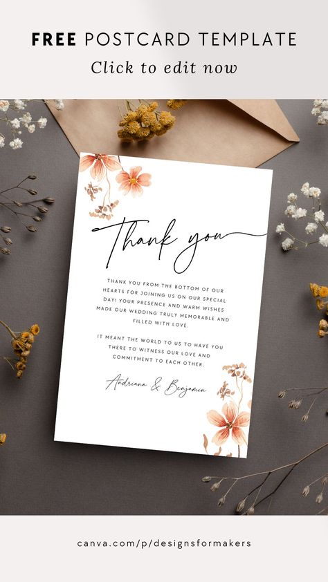 Warm Watercolor Flowers Calligraphy Wedding Thank You Card - Canva Template Free Canva Pro, Postcard Template Free, Thank You Poster, Couples Monogram, Etsy Branding, Wedding Logo Design, Packaging Template, Elegant Calligraphy, Wedding Branding