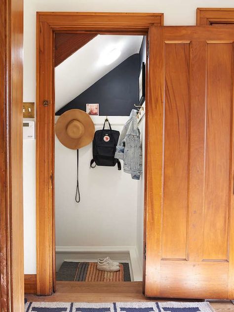 Stairwell Mudroom Stairway Makeover, 1920 Bungalow, Basement Stairway, Stairway Landing, Foyer Bench, Entryway Closet, Built In Cabinet, Young House Love, Basement Stairs