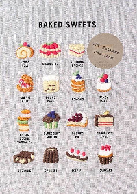 Cake Embroidery Pattern, Food Hand Embroidery, Kawaii Embroidery Patterns, Cherry Embroidery Design, Kawaii Embroidery Ideas, Pastry Embroidery, Spring Embroidery Designs, Bakery Embroidery, Dessert Embroidery