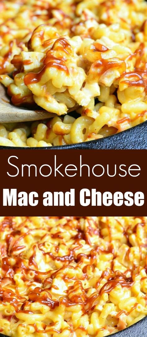 Smokehouse Mac and Cheese. Amazing, comforting macaroni and cheese dish. Macaroni loaded with chicken, smoked bacon and smoked cheese, baked and drizzled in bbq sauce. #pasta #macaroni #cheesy #bbq #macandcheese #bacon #chicken Smoked Buffalo Chicken Mac And Cheese, Smokey Mac And Cheese, Bbq Mac And Cheese Recipe, Mac And Cheese With Chicken, Bbq Pasta, Pasta Macaroni, Cheese Homemade, Macaroni Cheese Recipes, Winter Meals