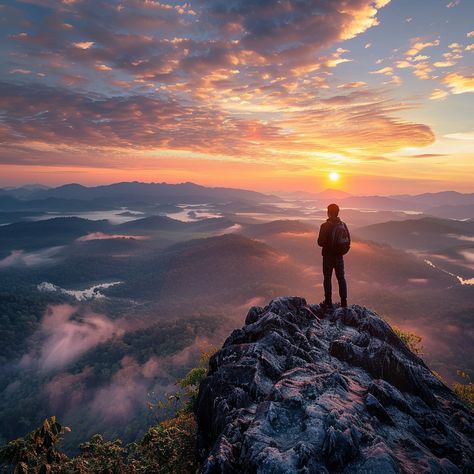 #Sunrise #Mountain #Silhouette: A lone #adventurer stands atop a mountain peak, witnessing the breathtaking #sunrise over misty valleys. #sunrise #mountain #silhouette #adventure #nature #aiart #aiphoto #stockcake ⬇️ Download and 📝 Prompt 👉 https://stockcake.com/i/sunrise-mountain-silhouette_607799_1103148 Mountain View Aesthetic, Sunrise On Mountains, Sunrise Mountain Photography, Mountain Range Silhouette, Sunrise In The Mountains, Sunrise Hike, Dragon Painting, Sunrise Mountain, Sunrise Behind Mountains