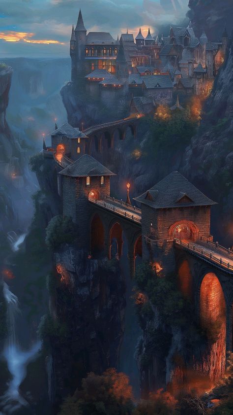 Medieval Town Art, Mountain Town Aesthetic, Mountain Castle, Medieval Cities, Town Landscape, Stone City, Fantasy Town, Medieval City, Mountain City