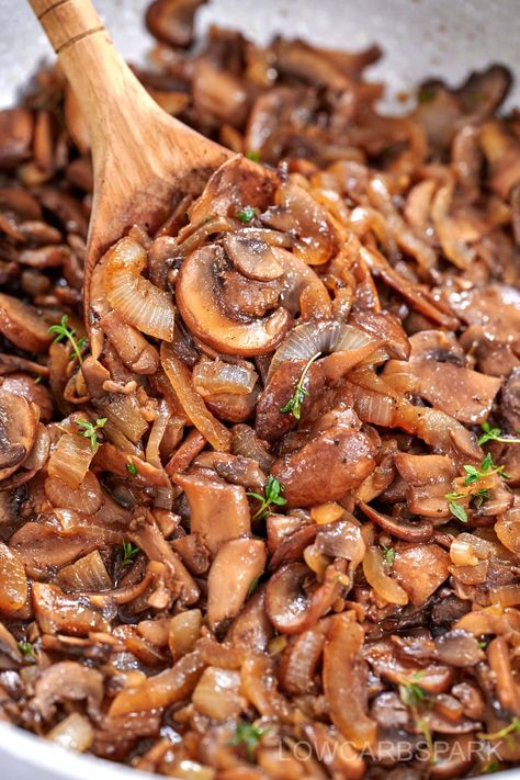 Learn how to make rich, savory sautéed mushrooms and onions with just a few simple ingredients! Cooked to perfection with garlic, fresh thyme, honey, and balsamic vinegar, this easy dish brings a flavorful twist to any meal. Perfect as a side or topping, these caramelized mushrooms and onions will surely be a hit! Sautéed Mushrooms And Onions For Steak, Sautéed Onions And Mushrooms, Balsamic Mushrooms Sauteed, Sauteed Mushrooms And Onions, Caramelized Mushrooms, Balsamic Mushrooms, Thyme Honey, Mushrooms And Onions, Sautéed Mushrooms