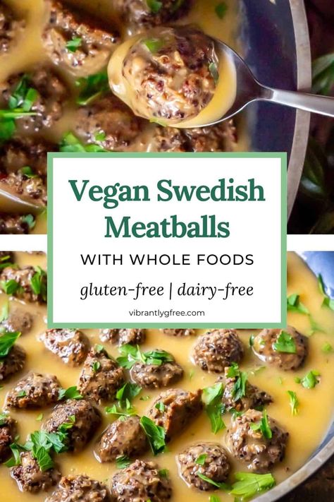 Flavorful Vegan Swedish Meatballs with a meat-y texture and 8 ingredients plus common spices! Ready in 40 minutes. Gluten-free. #vegan #glutenfree #christmasrecipes #meatballs via @vibrantlygfree Vegan Swedish Meatballs, Sunflower Seed Butter, Vegan Gravy, Swedish Meatballs, Oil Free Vegan, Seed Butter, Sunflower Seed, Gluten Free Dairy Free, Gravy