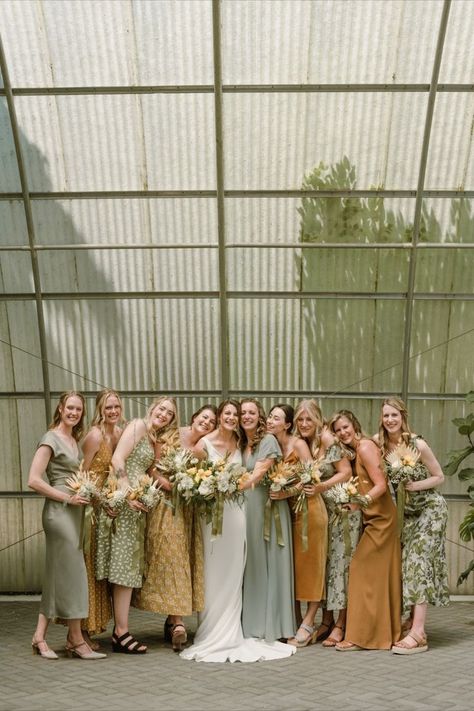 Gold Mix And Match Bridesmaid Dresses, Yellow Orange Green Wedding Bridesmaid Dresses, Green Orange And Cream Wedding, Mismatched Bridesmaid Dresses Color Schemes, Sage Green Yellow Wedding, Olive And Mustard Wedding, Sage Green And Gold Bridesmaid Dresses, Sage Green Orange Wedding, Yellow Green Bridesmaid Dresses