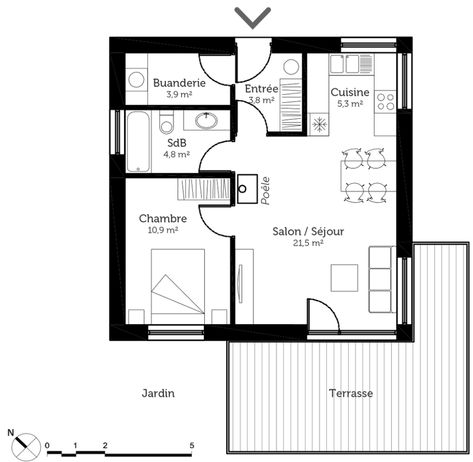 Plan maison 50 m² avec 1 chambre - Ooreka Boarding House, Vintage House Plans, Small House Floor Plans, Cabin House Plans, Hobbit House, Sims House, Tiny House Design, Architecture Plan, Little House