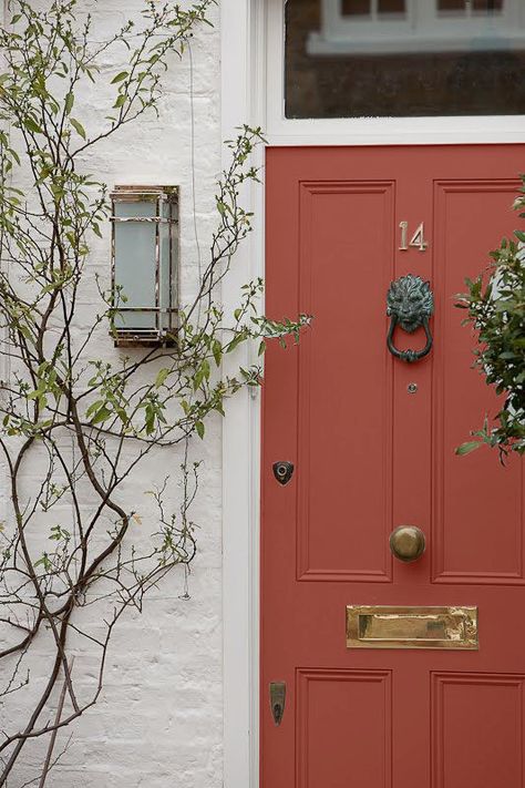 Statement Color Front Door, Brick Red Front Door Color, Brick Home Door Colors, Burnt Red Front Door, Rust Door Color, Rust Colour Front Door, Coral Red Front Door, Clay Colored Front Door, Rustic Orange Front Door