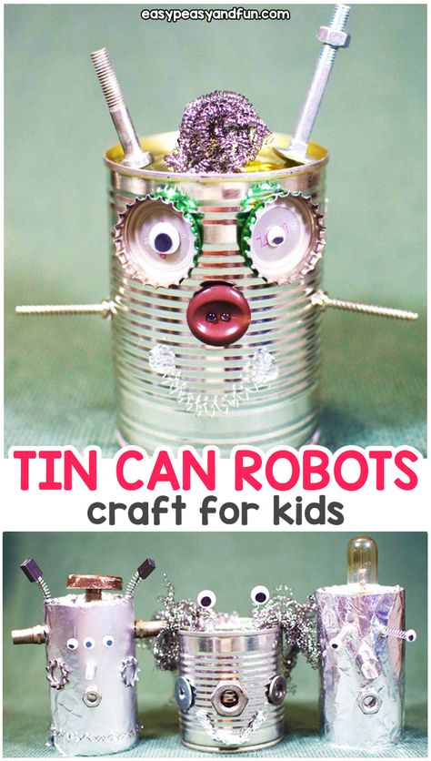 School Upcycling Projects, Reciclyng Ideas Kids, Recycled Crafts For Kids, Recycled Crafts Kids Projects, Tin Can Robots, Eco Craft, Robot Craft, Recycling Crafts, Recycled Crafts Kids