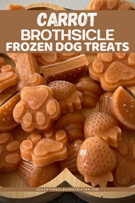 Easy Frozen Dog Treat Recipes, Dog Treats Cheese, Bone Broth Treats For Dogs, Bone Broth Frozen Dog Treats, Freeze Dog Treats, Beef Broth Dog Treats, Homemade Dog Popsicles, Carrot Bone Broth Dog Treat, Dog Freezer Treats