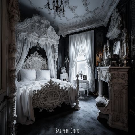 Gorgeous White Gothic Bedroom Goth Master Bedrooms Decor, Gothic Inspired Interior Design, Gothic Bedroom Victorian, Large Gothic Bedroom, Goth Shabby Chic, Goth Bedroom Victorian, Goth Aesthetic Room Decor, Classy Gothic Bedroom, Mid Evil Bedroom