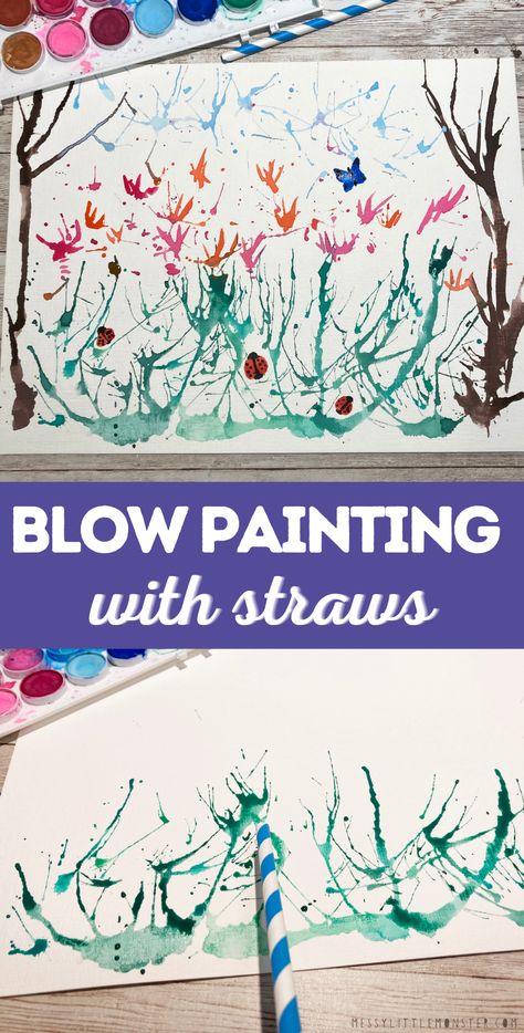 Blow Painting with Straws Straw Blow Paint Art, Blow Painting With Straws Ideas, Straw Blow Painting, Straw Painting Ideas, Paint Blowing With A Straw, Blow Art Painting, Straw Painting For Kids, Straw Blowing Art, Flower Painting For Kids