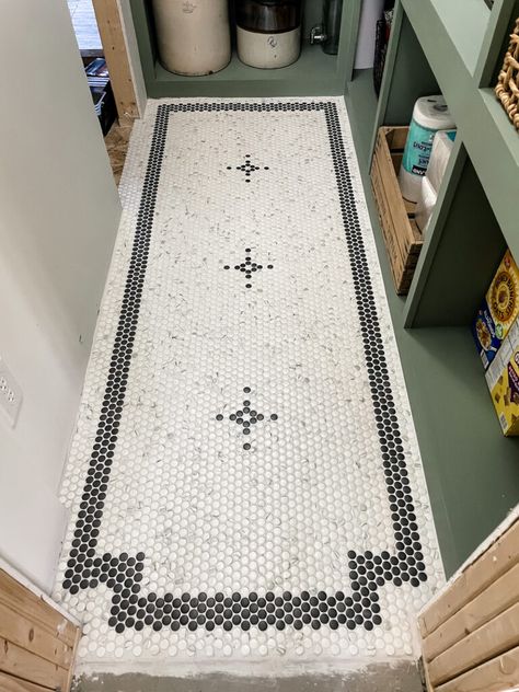 Penny Tiles Kitchen, Penny Round Tile Bathroom, Penny Tile Bathroom Floor, Pantry Floor, Mosaic Bathroom Floor, Penny Tiles Bathroom, Timeless Tile, Penny Tiles, Penny Tile Floors