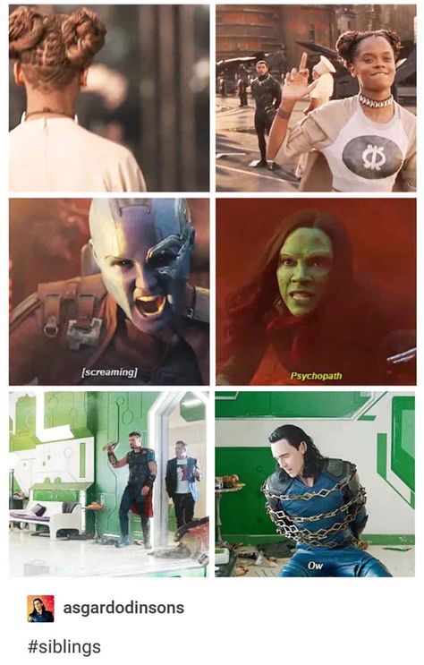 When u have a hate-love relationship with your siblings!!!May i also add that cherie is totally bad ass and gamorra is a warrior and Loki is the best asgardian ever -absolute marvel fan ever Michael Fassbender Shame, Marvel Siblings, Avengers Humor, Avengers Black Widow, Avengers Fan Art, Funny Marvel Memes, Dc Memes, Dc Movies, Avengers Memes