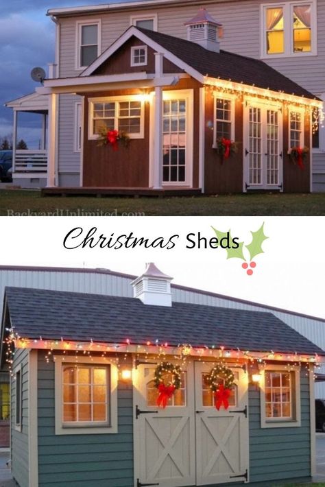 Two great ways to decorate your shed for the holidays! These festive Christmas sheds will make you feel like you stepped into a Christmas village and will put you in the holiday mood! Sheds Decorated For Christmas, Shed Christmas Decorations, Christmas Sheds Decorating Ideas, Christmas Shed Decor, She Shed Christmas Decorations, Christmas Shed, Office She Shed, Concrete Front Steps, Loafing Shed