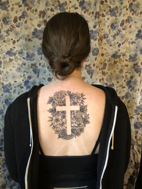 Tattoo done by Kati Green out of Blue Ox Tattoo in Portland, OR! #tattoo #tattooideas #cross #floral #negativespace #blackandwhite #art #tattooinspiration #tattooart Negative Cross Tattoo, Negative Space Cross Tattoo, Cross On Back Tattoo, Cross Back Tattoo, Ox Tattoo, Throat Tattoo, Panda Tattoo, Cross Tattoos For Women, Cross Tattoos