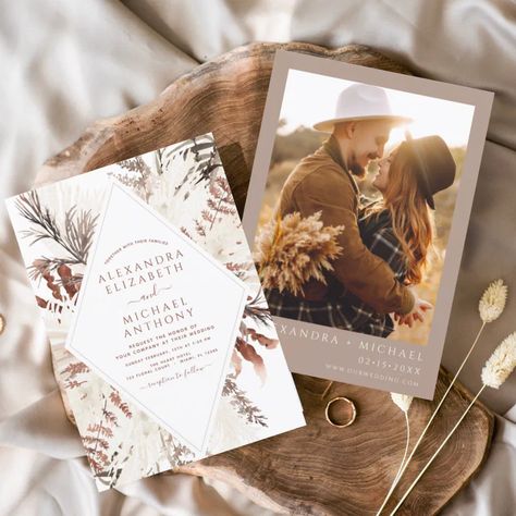 Budget Boho Terracotta Photo Pampas Grass Wedding Pampas Grass Wedding Invitation, Western Wedding Invitations, Wedding Flyers, Pampas Grass Wedding, Budget Wedding Invitations, Summer Wedding Invitations, Grass Wedding, Wedding Anniversary Invitations, Sage Green Wedding