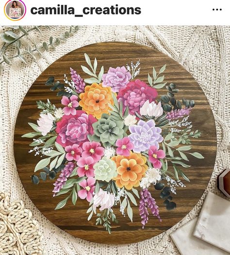 Hand Painted Lazy Susan, Wood Flower Painting, Flowers On Wood Painting, Painted Lazy Susan Ideas, Painting Flowers On Wood, Flowers Painted On Wood, Flower Painting On Wood, Elephant Drawings, Painted Lazy Susan