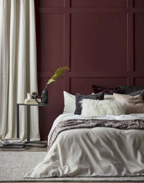 Merlot Bedroom Walls, Burgundy Master Bed, Burgundy Bedroom Color Scheme, Dark Red Accent Wall Bedroom, Maroon Accent Wall Bedroom, Deep Red Bedroom Ideas, Grey And Maroon Bedroom, Dark Maroon Bedroom, Burgundy Bedroom Aesthetic