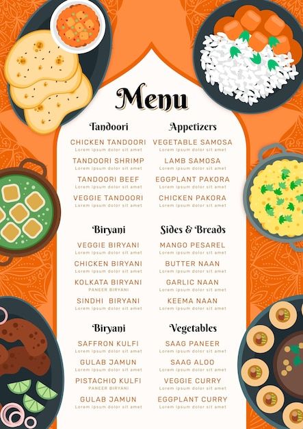 Vector flat oriental indian restaurant m... | Premium Vector #Freepik #vector #indian-menu #menu-design #lunch-menu #menu-restaurante Indian Menu Design, Catering Menu Design, Resturant Menu, Indian Food Menu, Restaurant Menu Card, Healthy Restaurant Food, Cafe Menu Design, Malai Kofta, Menu Card Design