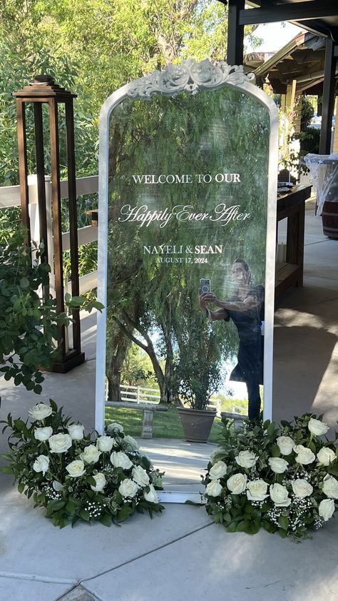 Mirrored Welcome Sign, Welcome Sign For Wedding Entrance Mirror, Welcome To Wedding Mirror, Mirror Walkway Wedding, Mirror Entrance Wedding, Wedding Entrance Sign Mirror, Mirror At Wedding, Wedding Entrance Mirror, Welcome Sign Wedding Mirror