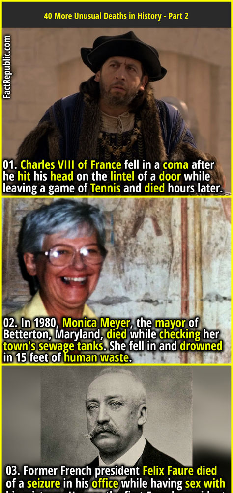 01. Charles VIII of France fell in a coma after he hit his head on the lintel of a door while leaving a game of Tennis and died hours later. Real Life Horror Stories, Fact Republic, Unusual Facts, Strange Facts, Strange History, Read Later, Bedtime Stories, Horror Stories, Life Stories