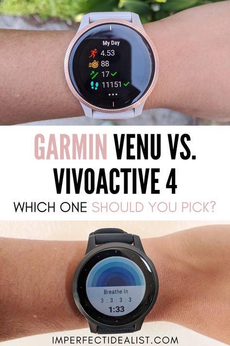 Here's an in-depth comparison of the Garmin Venu vs. Vivoactive 4, plus advice on which one to pick based on your needs. Written by a runner and GPS watch nerd! | Best GPS running watch | GPS running women | Garmin Venu rose gold | Garmin Vivoactive 4s on wrist | Garmin watch Garmin Vivoactive 4s Women, Best Smart Watch For Women, Garmin Venu 2s, Omega Watch Women, Exercise Clothes, Distance Running, Classy Watch, Running Watch, Smartwatch Women