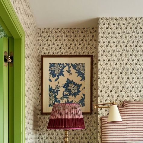 Sarah Vanrenen Ltd on Instagram: "In this pretty bedroom we chose a calm colour palette of pinks and greens with accents of teal blue. The bedroom leads through to a dressing room wallpapered in our Indiennes Monochrome in Green.   The bedside table is our new Roly design completed with one of our lamps and vintage silk sari lampshades.  Photograph by @mikegarlickdesign   #homedecor #interiors #bedroominspiration #bedroomdesign #colour #patternmixing #interiordesign #interiordesigner #fabricdesigner #wallpaper #sarahvanrenen #sarahvanrenendesigns" Sarah Vanrenen, Country Bedrooms, Calm Color Palette, French Country Bedrooms, Bedroom Bliss, How High Are You, Patterned Bedding, Interiors Dream, Pretty Bedroom