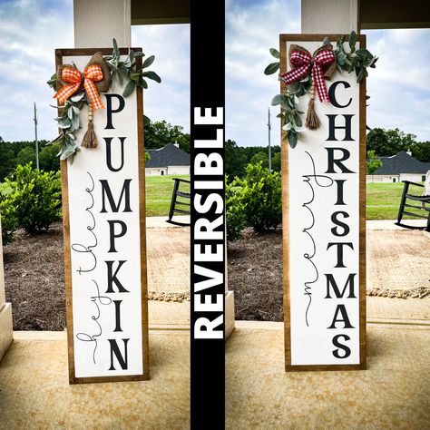 Fall And Winter Porch Sign, Tall Wooden Signs Front Porches, Front Door Signs Diy Entrance, Reversible Porch Sign Fall Christmas, Christmas Leaning Signs, Christmas Standing Signs, Diy Outdoor Christmas Sign, Diy Porch Signs Christmas, Christmas Door Leaner Signs