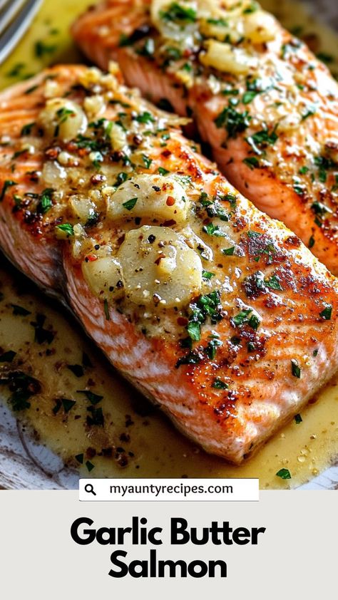 Enjoy a quick and tasty dinner with this garlic butter salmon! Perfectly cooked salmon in a garlic-infused butter sauce makes a deliciously simple meal. Ideal for fall or winter evenings, it’s a healthy and flavorful dish that’s ready in no time. Salmon Recipes Quick, Herb Crusted Salmon Recipes, Garlic Butter Salmon Pasta, Salmon Rice Dish, Festive Salmon Recipes, Salmon Garlic Lemon Butter, Salmon Supper Ideas, Fish Meals Healthy, Salmon Thanksgiving Dinner