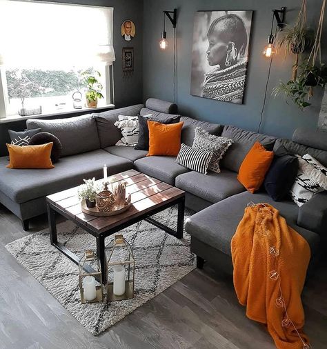 Grey And Orange Living Room, Classy Rooms, Grey Sofa Living Room, Classy Living Room, Living Room Decor Gray, Bedroom Decor For Couples, Grey Couches, Living Room Orange, Travel Spain