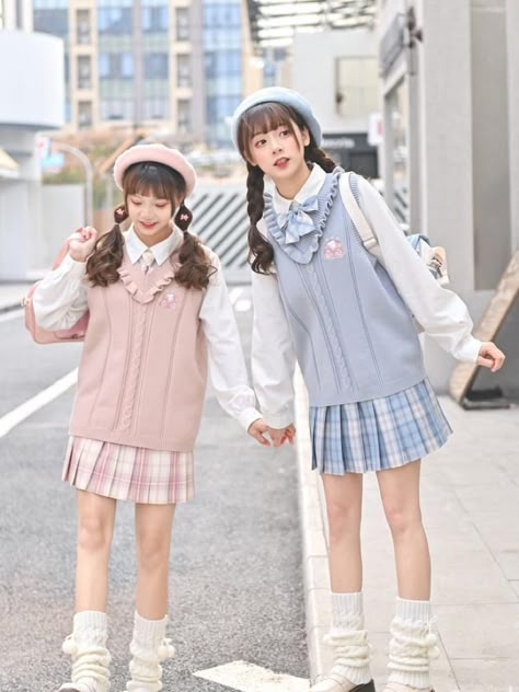 Kawaii Matching, Uniform Sweater, Matching Outfits Best Friend, Kawaii Fashion Outfits, Fashion Design Sketches, Pinterest Fashion, Kawaii Clothes, Korean Outfits, Lolita Fashion