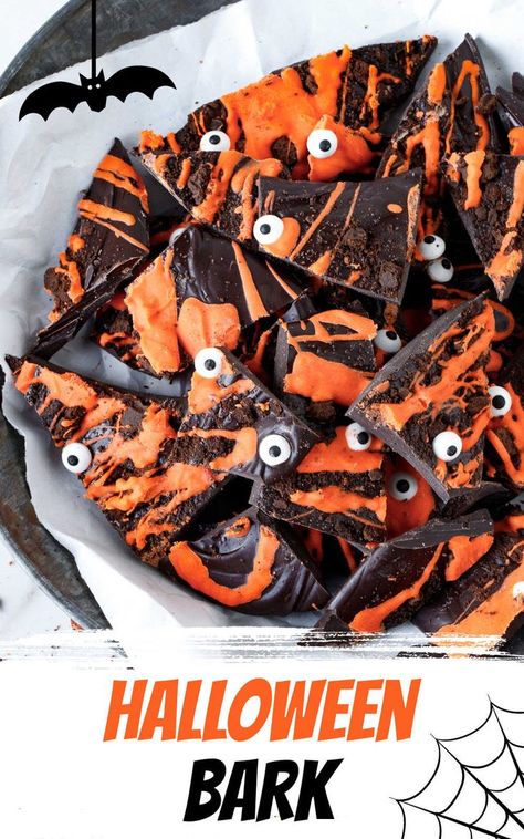 Orange and brown chocolate bark pieces with candy eyes on white parchment paper. Black and orange text overlay with halloween graphics. Halloween Bark Recipes, Halloween Baking Recipes, October Recipes, Best Frosting Recipe, Graveyard Cake, Graveyard Dirt, Halloween Candy Bark, Halloween Bark, October Food