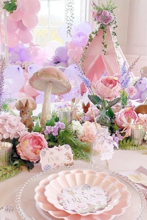 Pretty 1st Birthday Party, Fairy Birthday Party Table, Fairytale Table Setting, Fairy Garden Table Setting, Fairy Party Table Setting, Fairy Garden Birthday Party Ideas Decoration, Fairy Themed Table Decor, Fairy Birthday Table Set Up, 1st Birthday Party Set Up Ideas