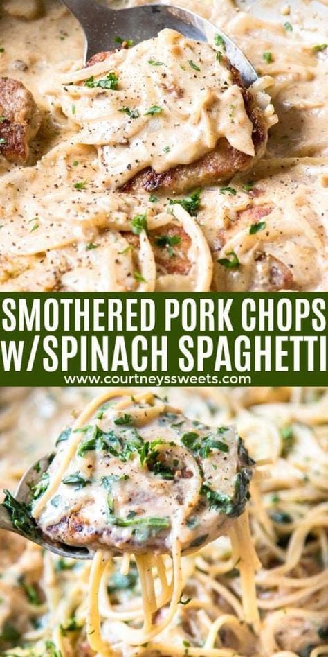 Assorted Pork Chops Recipes, Pork Alfredo, Spinach Spaghetti, Summer Suppers, Recipe With Spinach, Smothered Pork Chops Recipe, Pan Fried Pork Chops, Barbecue Pork Ribs, Fancy Foods